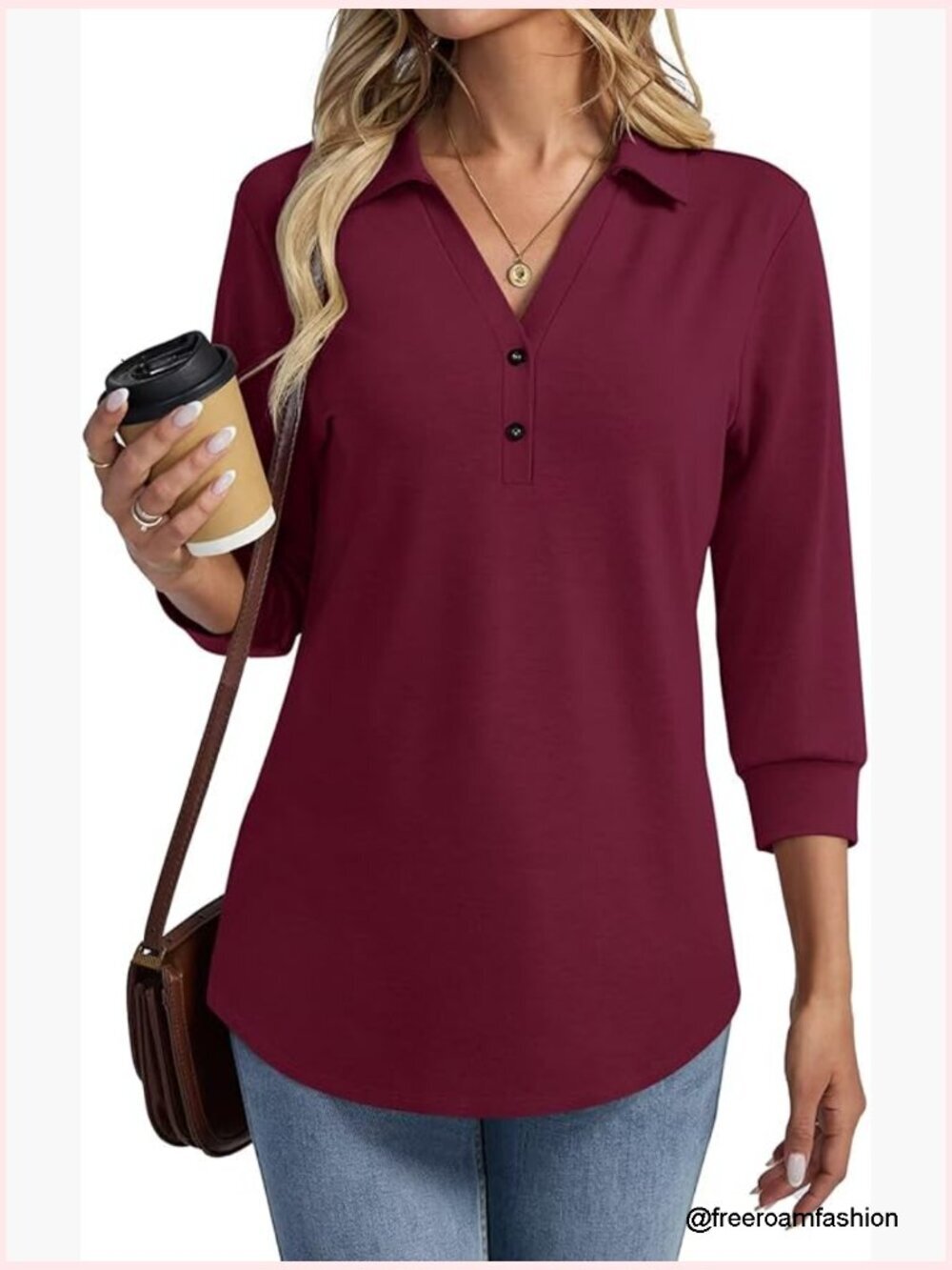 3/4 Sleeve V-Neck Polo Shirt Business Casual Blouse Tunic T-Shirt